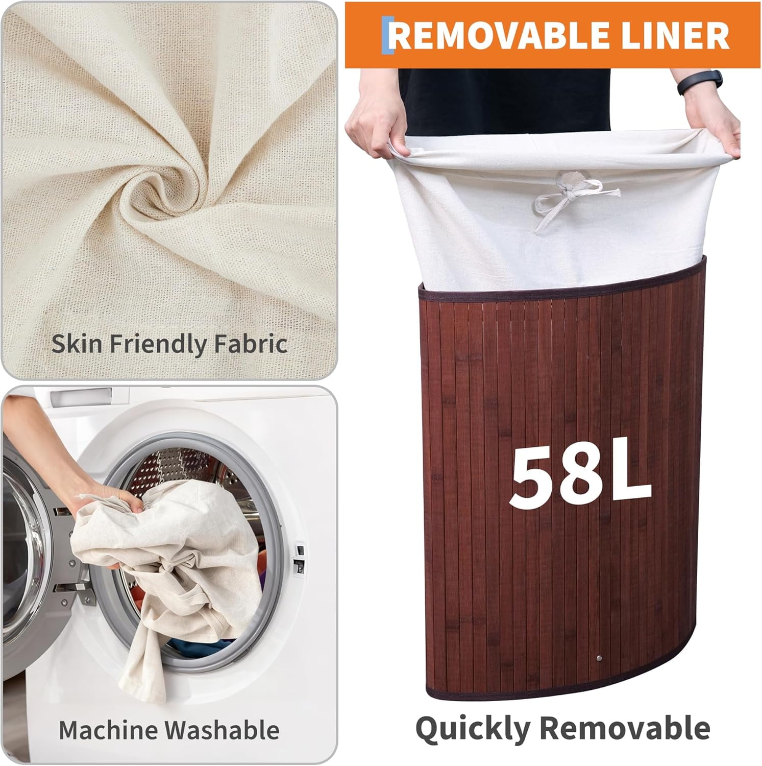 Garvee 58 L Hamper with Lid, Bamboo Laundry Basket with Removable Liner & Handles, Brown