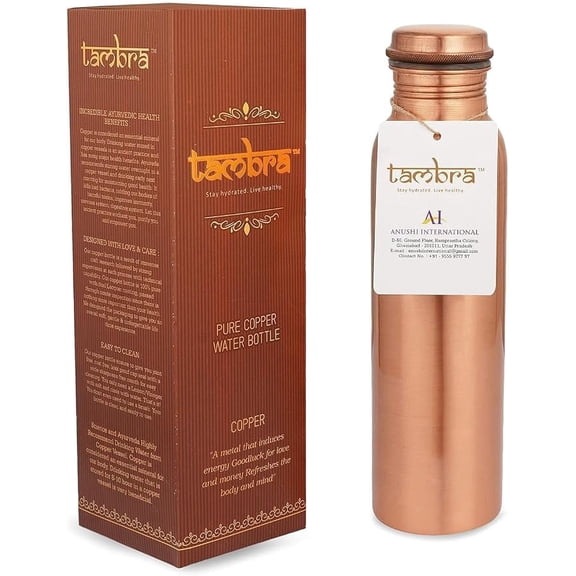Tambra Pure Copper Water Bottle for Drinking, Handcrafted Ayurvedic Copper Water Bottle, Leak Proof Lid | Smooth Finish Copper Bottle Water Vessel | Copper Drinking Water Bottle - 34 Oz (PLAIN)