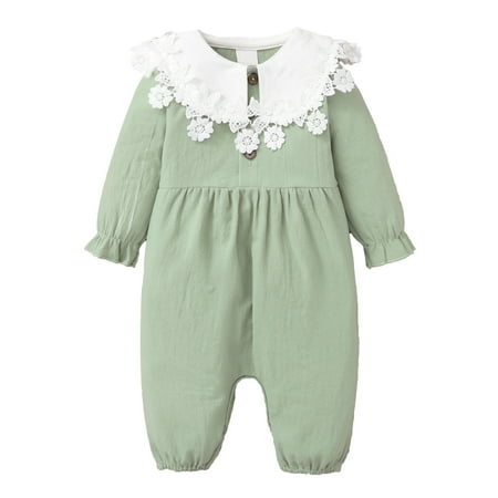 

Kucnuzki Infant Girl Clothes 3 Months Infant Girl Fall-Winter Bodysuit 6 Months Infant Girl Long Sleeve Solid Color Lace Doll Lapel Collar Bodysuit Green