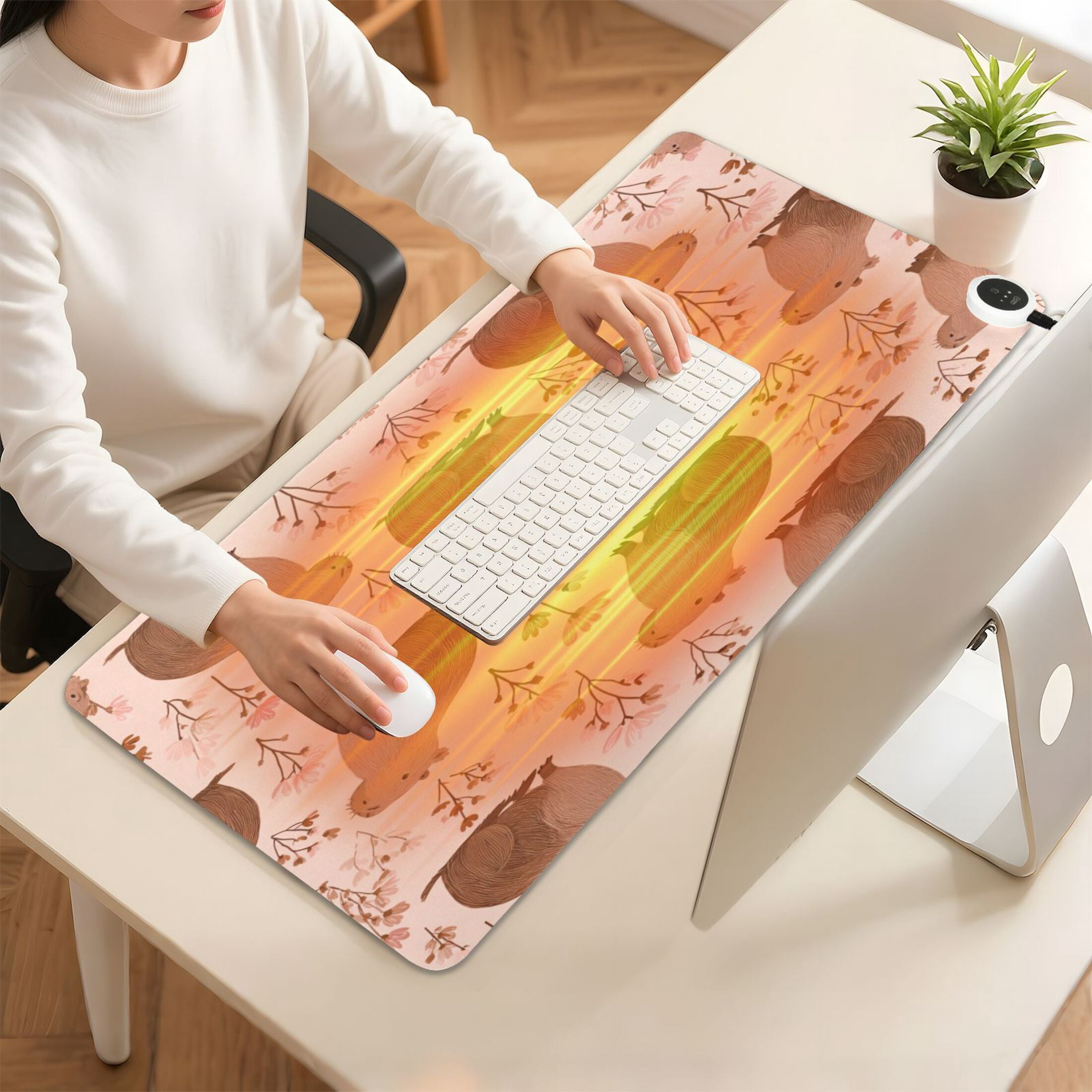 Large Heated Desk Mat Mouse Pad 31.5"x13"PU Leather Graphene Heating Desk Warmer with 3 Temperature Settings 110V US Plug Non-Slip Warm Pad for Home, Office, and Gaming Cute Brown Capybara Pattern