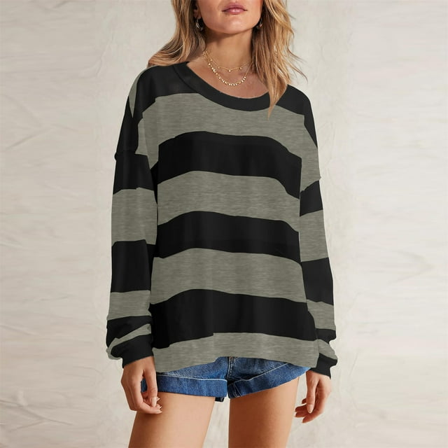 Styesk Chandails à Manches Longues pour Femmes, Chemise Tendance à Rayures, Tunique Ample à Col Rond, Chandail à Enfiler, Hauts Décontractés Patchwork, Chandail Doux et Léger