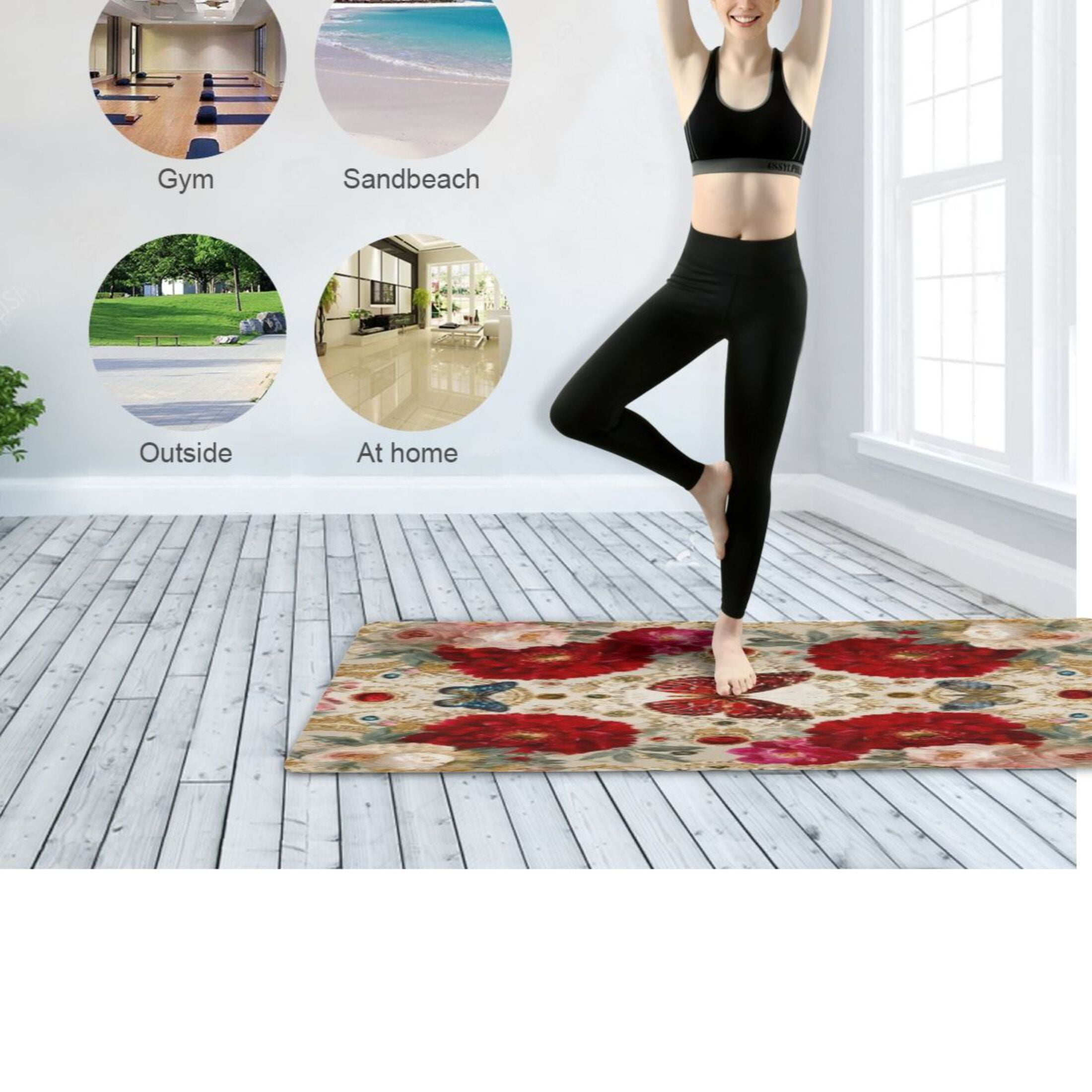 BZSMCE Yoga Mat Women Fitness Mat Red Rose Butterfly Opulence Pattern