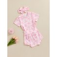 thumbnail image 3 of Suealasg Toddler Girls 3Pcs Summer Clothes 6M 1T 2T 3T Newborn Infant Girls Casual Outfits Short Sleeve Bow Floral Print Tops Shorts Headband Sets, 3 of 7
