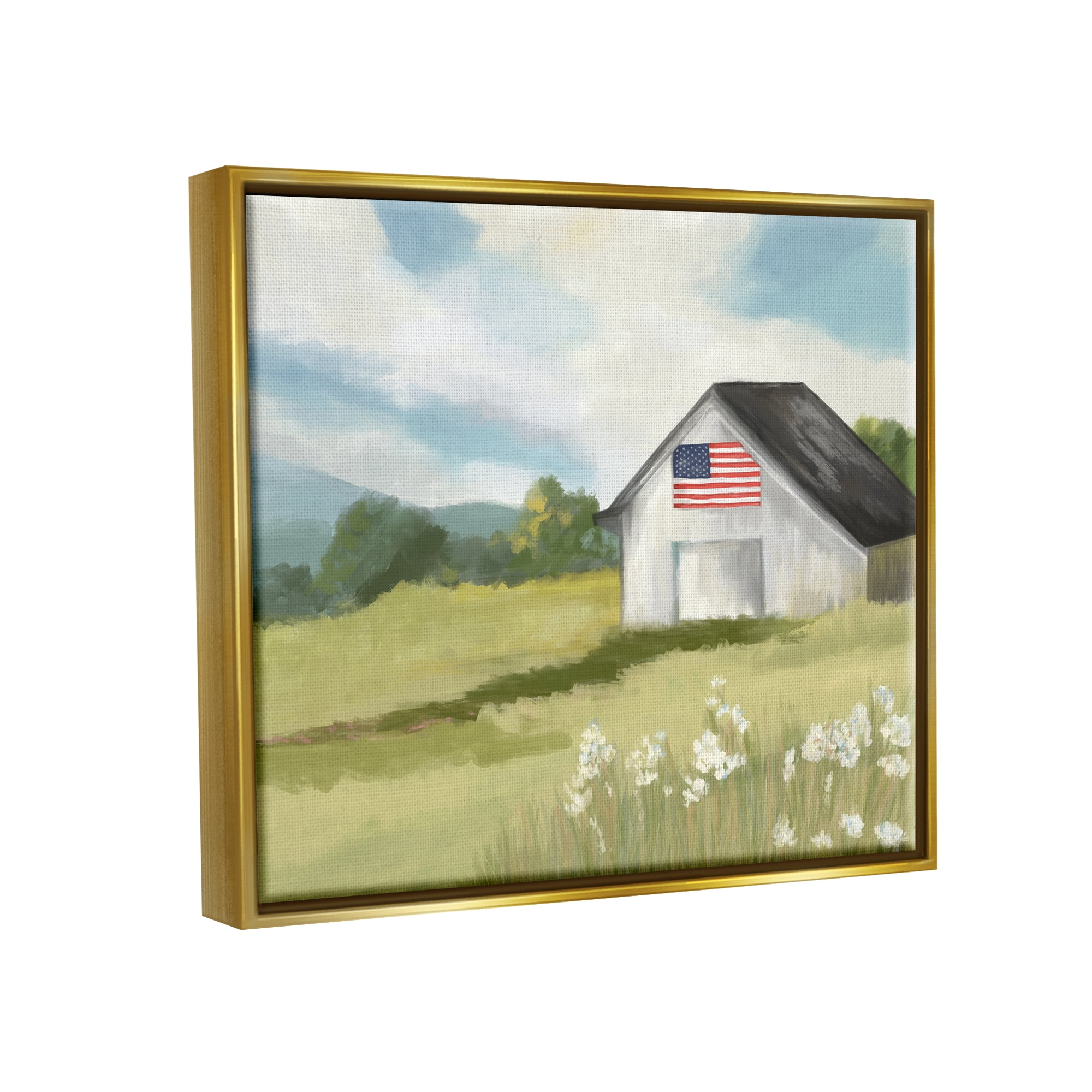 Stupell Industries American Flag on Barn Nature Painting Gold Floater Framed Art Print Wall Art, 31 x 25