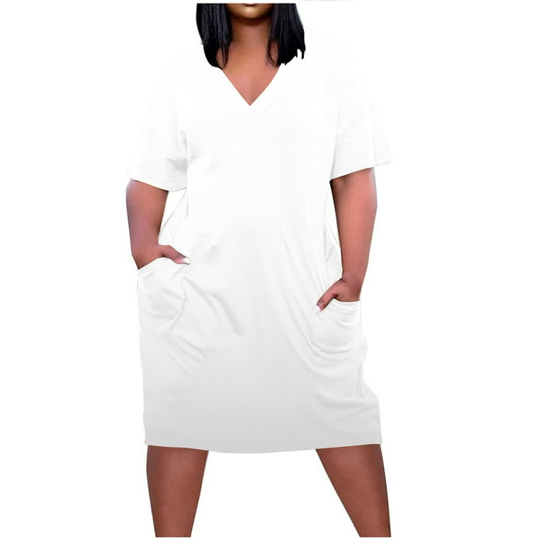 Usmixi Formal Dresses for Women Casual Plus Size Swing Tunic Knee-Length  Dresses with Pocket V-Neck Short Sleeve Solid Summer Midi Dress White XL 