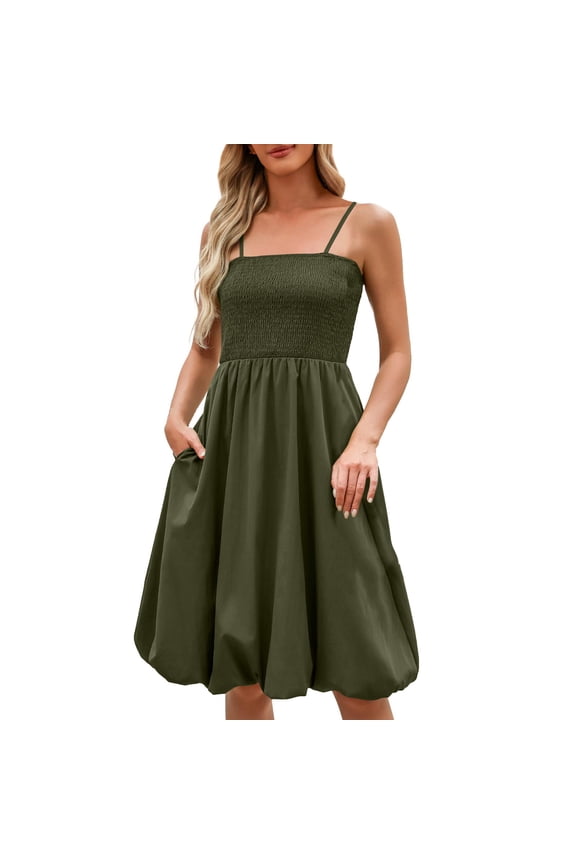 Womens Summer Sleeveless Dress with Pockets Trendy Spaghetti Strap Tank Dress Boho Beach Casual Midi Bubble Dresses (Green,XXL)