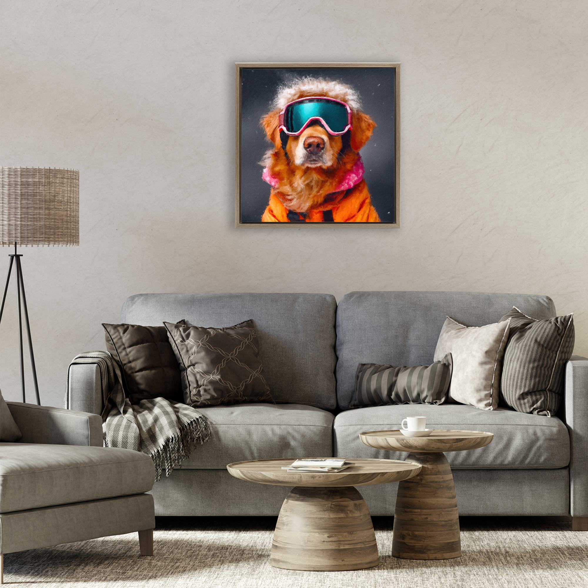 Ski Dog with Goggles Brown Framed Floater Canvas Wall Art, design by Sean Parnell
