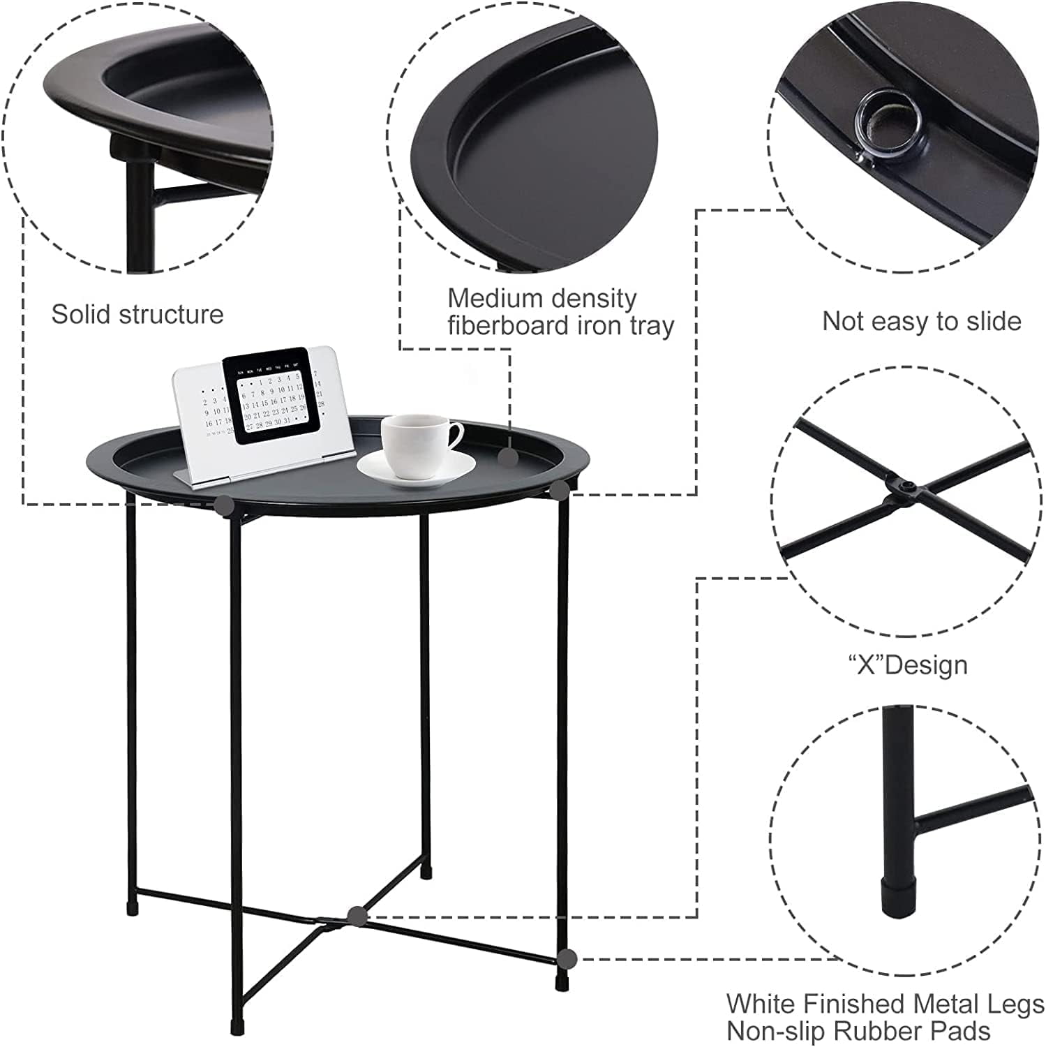 aboxoo Folding Tray Metal Side Table 2PC Black Round End Table Cyan Sofa Small Accent Fold-able Table, Round End Table Tray, Next to Sofa Table, Snack Table for Living Room and Bed Room