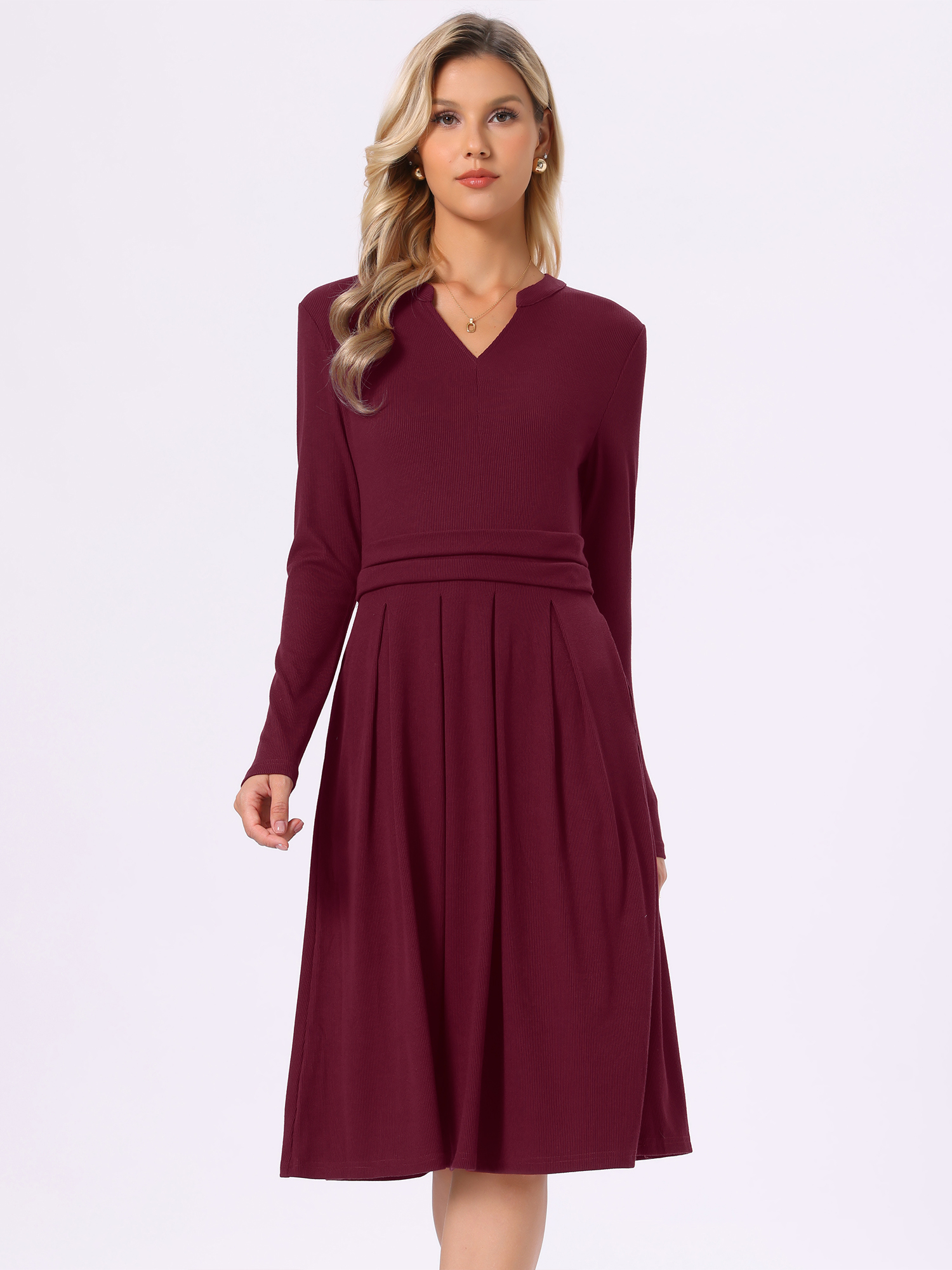 DARING DIVA Women's Knit Dress V Neck Stretchy Knee Length A-Line Dresses M Deep Red