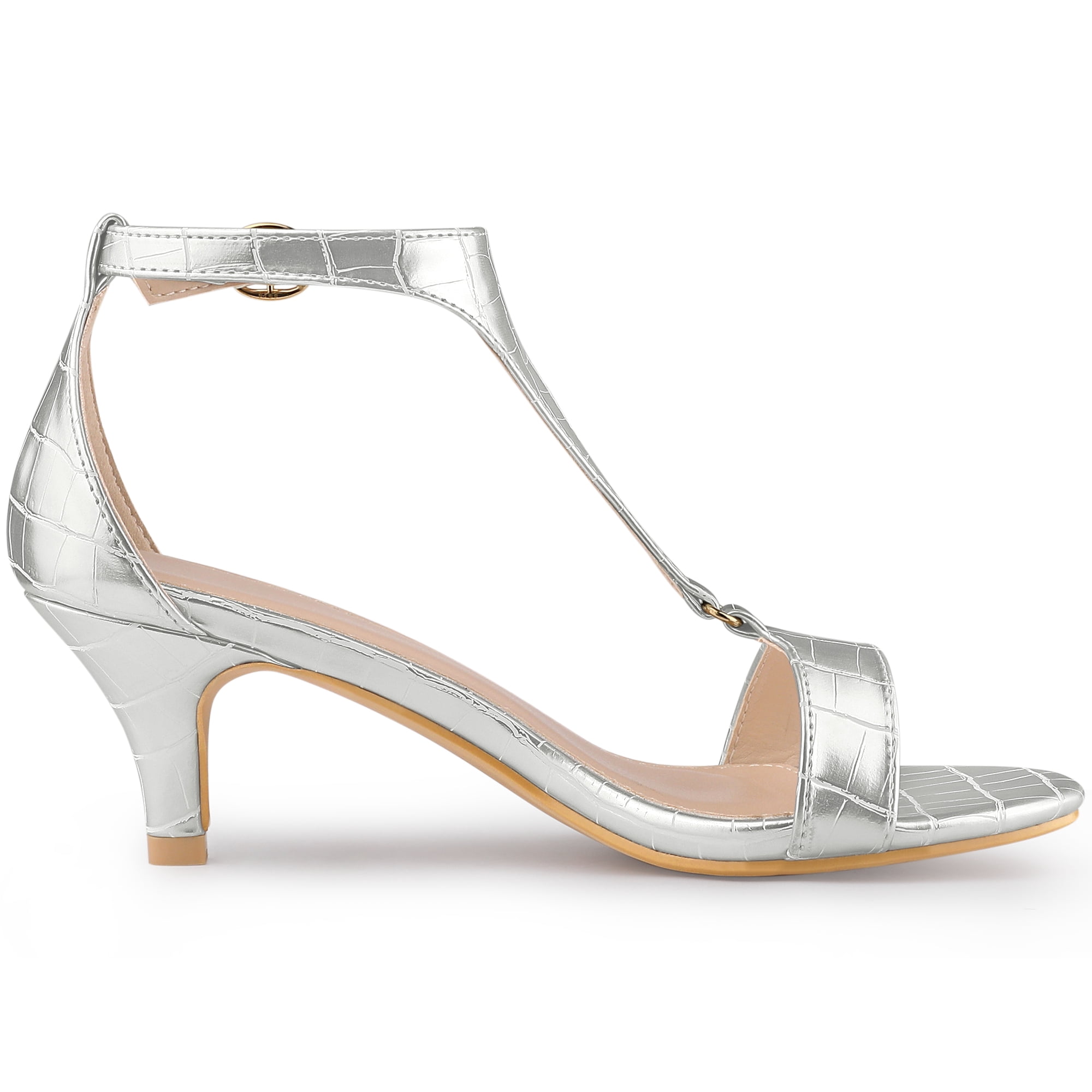 DARING DIVA Women's T Strap Embossed Kitten Heel Sandals Silver 8.5