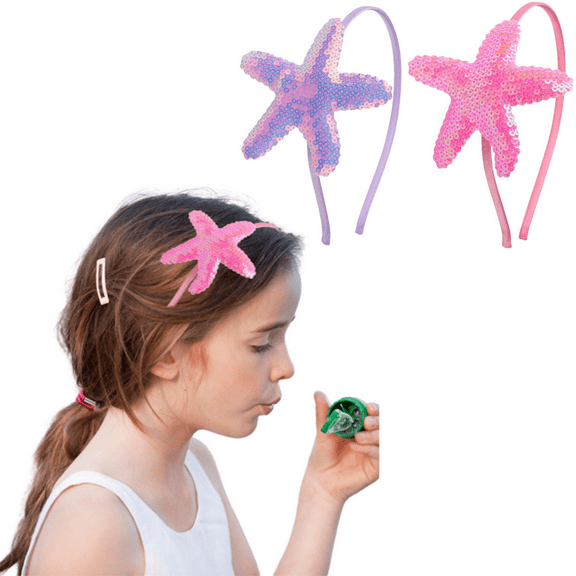 Trianu 2 Pack Starfish Sequin Headband for Girls, Non-Slip Glitter Mermaid Hair Band, Sparkly Sea Star Hair Accessories for Birthday Cosplay Show Christmas (Purple & Pink)