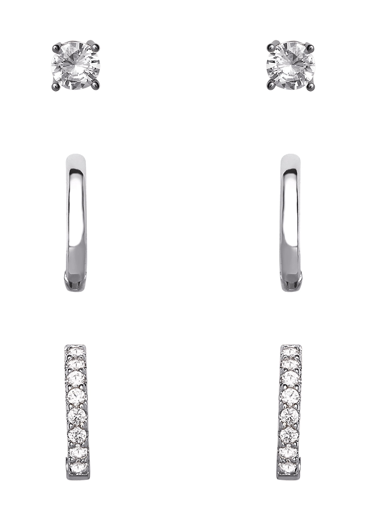Fine Silver Plated Cubic Zirconia Stud, Cubic Zirconia Hoop and Polished Hoop Earring Set