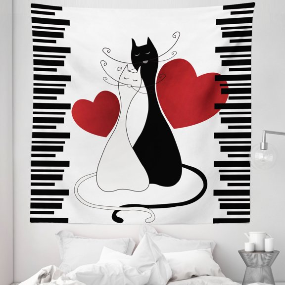 Cats Tapestry, Romantic Kittens Pets Couple 2 Tails Hearts and Black Stripes Animals in Love, Fabric Wall Hanging Decor for Bedroom Living Room Dorm, 5 Sizes, White Black Red, by Ambesonne