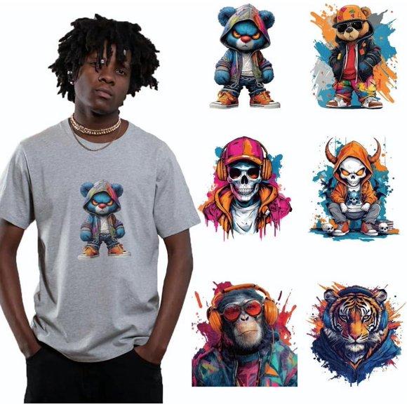 6 Sheets Graffiti Animal Cloth Iron on Stickers Bears Skulls Gorillas Heat Transfer Stickers Decals for DIY T-Shirt Jeans Backpacks Families Clothing Hat Decoration Applique