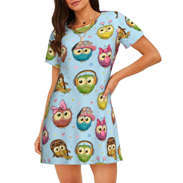 Fotbe Cute Cartoon Owls 3 Bata de Dormir para Mujer con Estampado, Camisón de Algodón de Manga Corta, Ropa de Dormir Casual