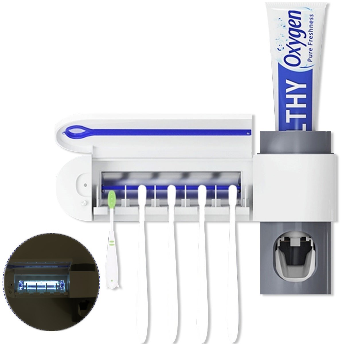 Toothbrush Sanitizer, 3In1 Automatic Squeeze Toothpaste Dispenser w/5 Toothbrush Holder, Wall