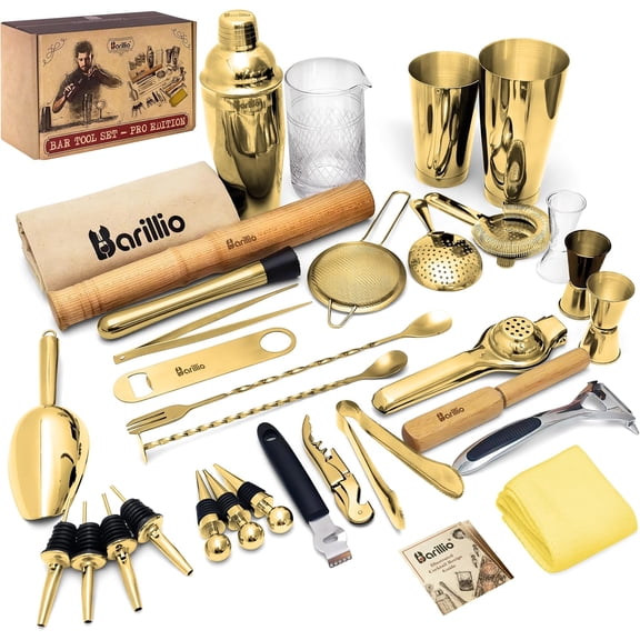 YANGLI 32-Piece Bar Tool Set Pro Edition – Gold Stainless Steel Cocktail Shaker Set with Boston Shaker