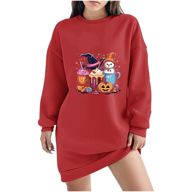 Pisexur Robes de Noël pour Femmes, Robe Chandail en Molleton à Col Rond Imprimé Verres de Vin Tendance, Robe de Fête Décontractée à Manches Longues, Robe de Vacances de Noël Mini Robe