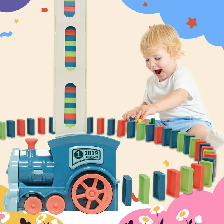2023 Upgrade Electric Domino Train Toy Set Creative Automatic Domino Train Dominoes Rally Train Sets Locomotive Dominos Train Toys for Kids Boys