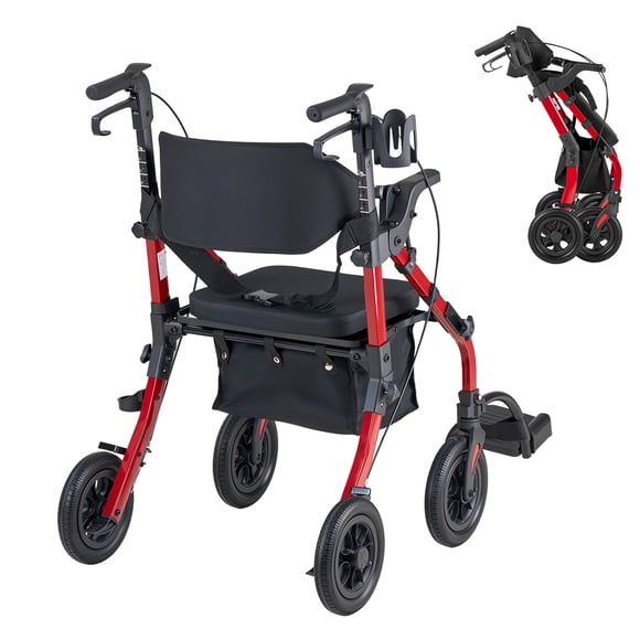 KFFKFF 2-in-1 Rollator Walker & Transport Chair for Seniors, Foldable Rolling Walker Wheelchair, Lightweight Aluminum Mobility Walking Aid with Solid PU Wheels, Cup & Cane Holder - Supports 300LBS