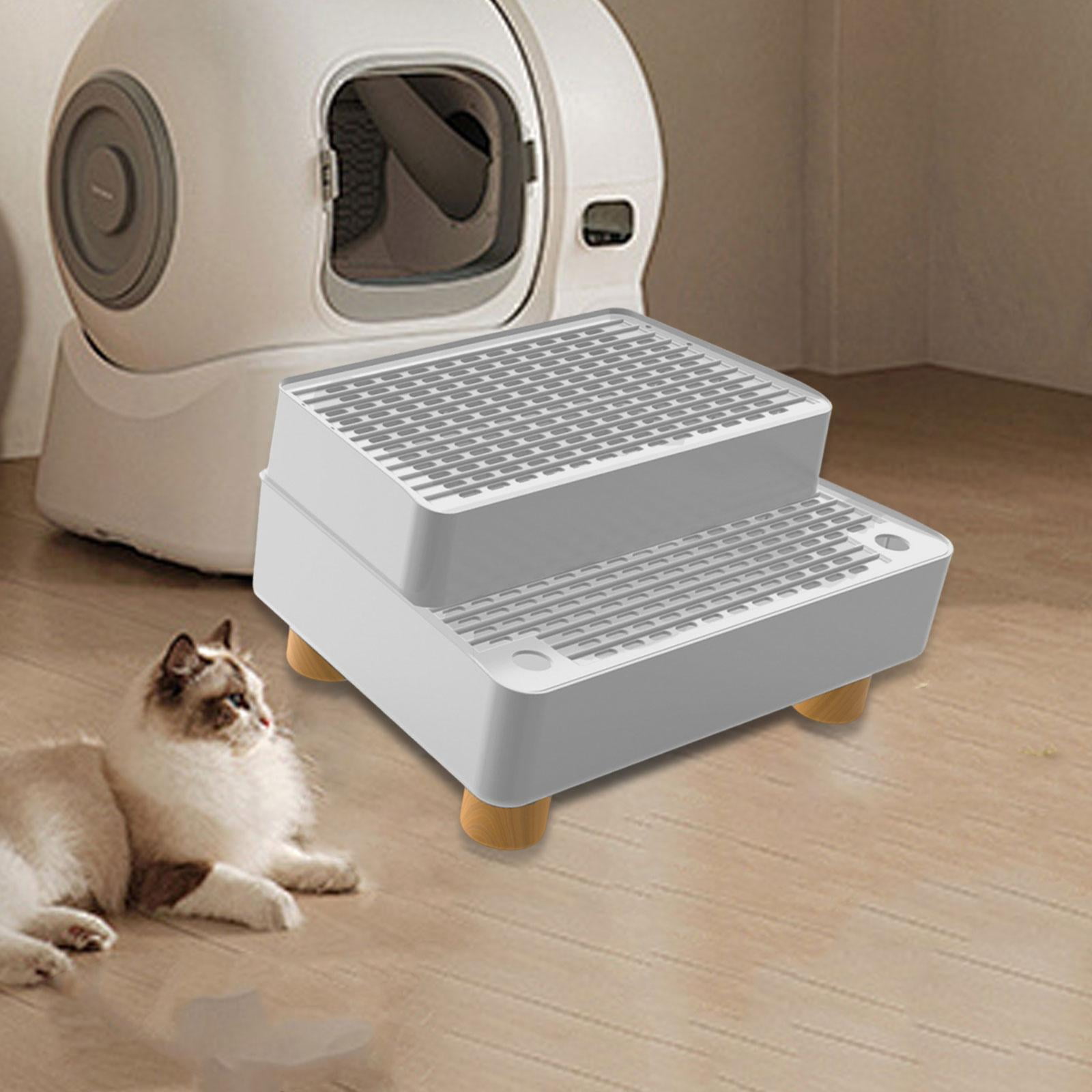 CarpNettore Automatic Cat Litter Box Ramp 2 Steps Waterproof Pad Mat with Non Slip Feet Leakproof Cat Litter Stair for Small Elderly Cats Light Grey