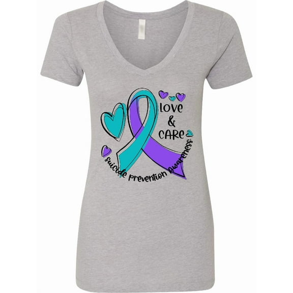 Inktastic Love and Care Suicide Prevention Awareness Ribbon and Hearts Women's V-Neck T-Shirt