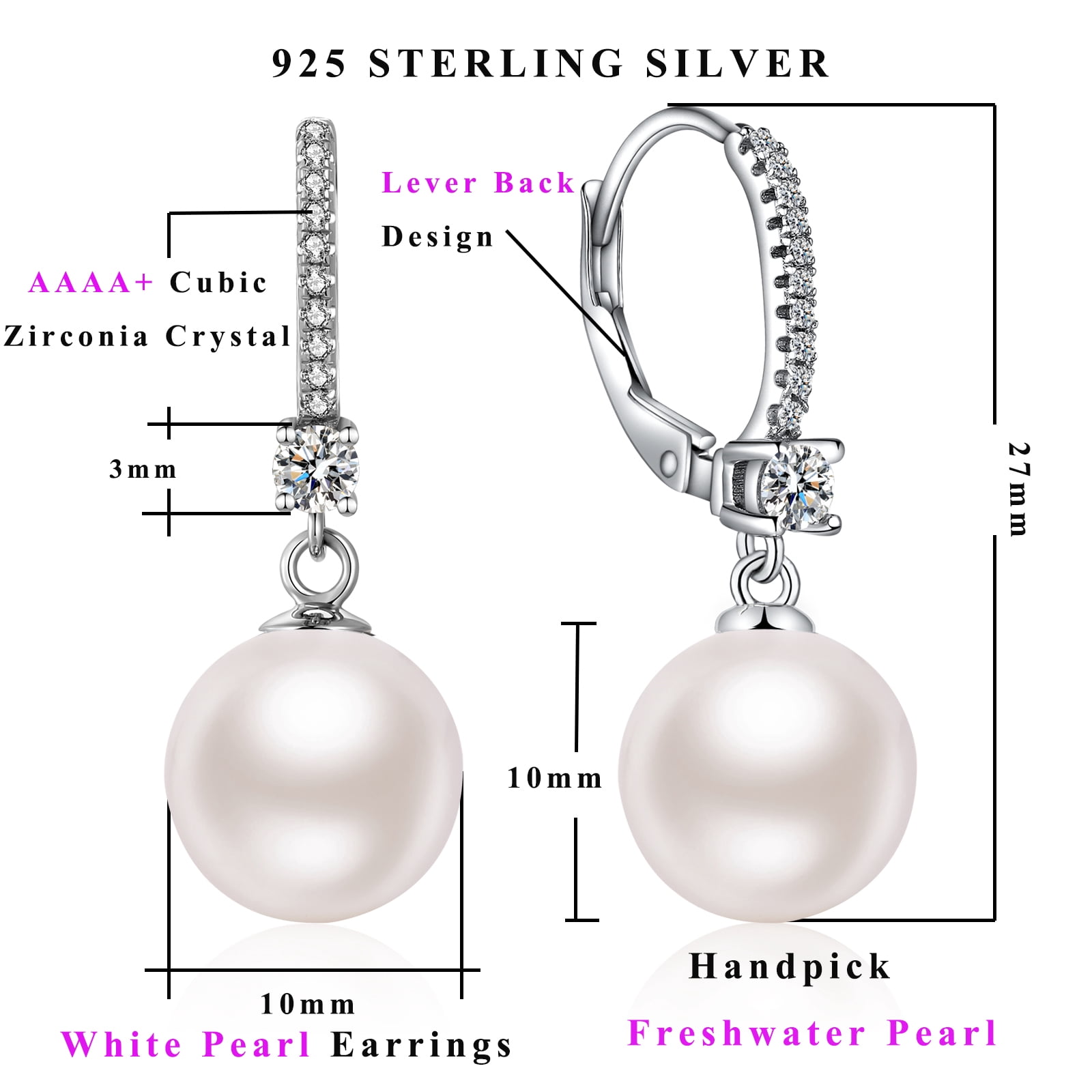 Jiamiaoi Pearl Dangle Earrings 8mm-10mm, 925 Sterling Silver Pearl Drop Earrings with Cubic Zirconia, Hypoallergenic Pearl Earring Leverback Pearl Earrings Drop Ideal Gift for Women
