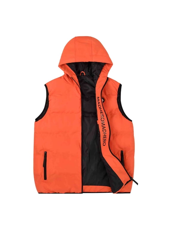 Men's Lightweight Sleeveless Puffer Vest with Hood Water-Resistant Outdoor Vest Jacket Orange Size M