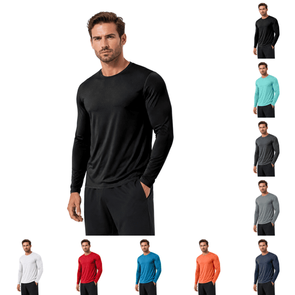 Long-Sleeve T-Shirt for Men Casual Stylish Crew Neck Upf 50 Sun Protection Tshirts Moisture Wicking Slim Fit Tees for Outdoor Sports Black 2XL
