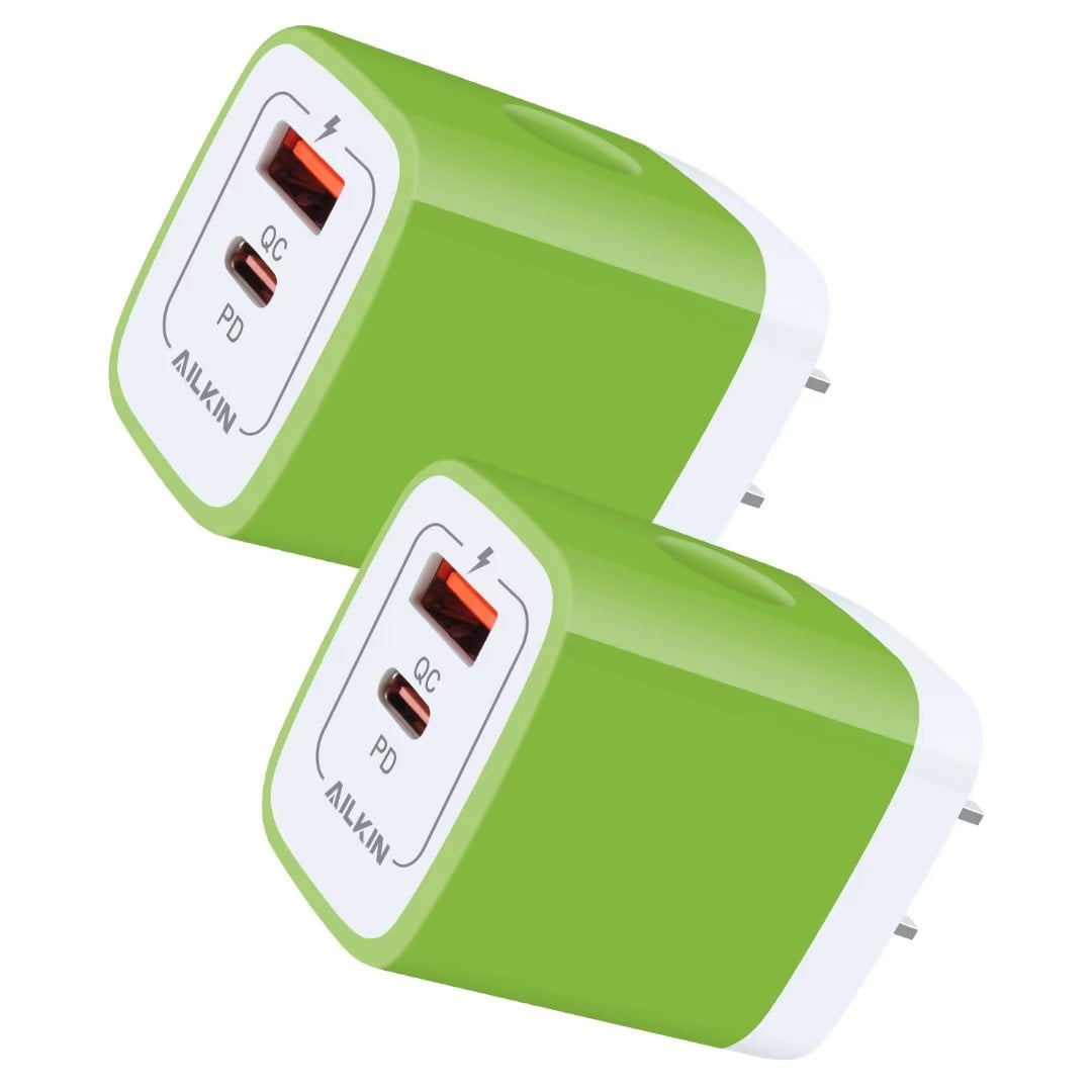 USB C Block,2PCS AILKIN 20W PD Type C Charger Block QC3.0 Dual USB Wall