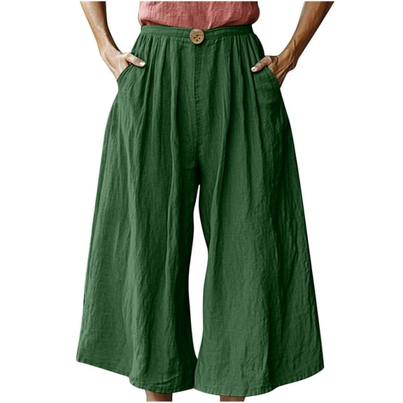 Women's Cotton Linen Culottes – High Waisted Wide Leg Palazzo Pants with Elastic Waist & Pockets, Pleated Cropped Trousers for Summer Casual 2025