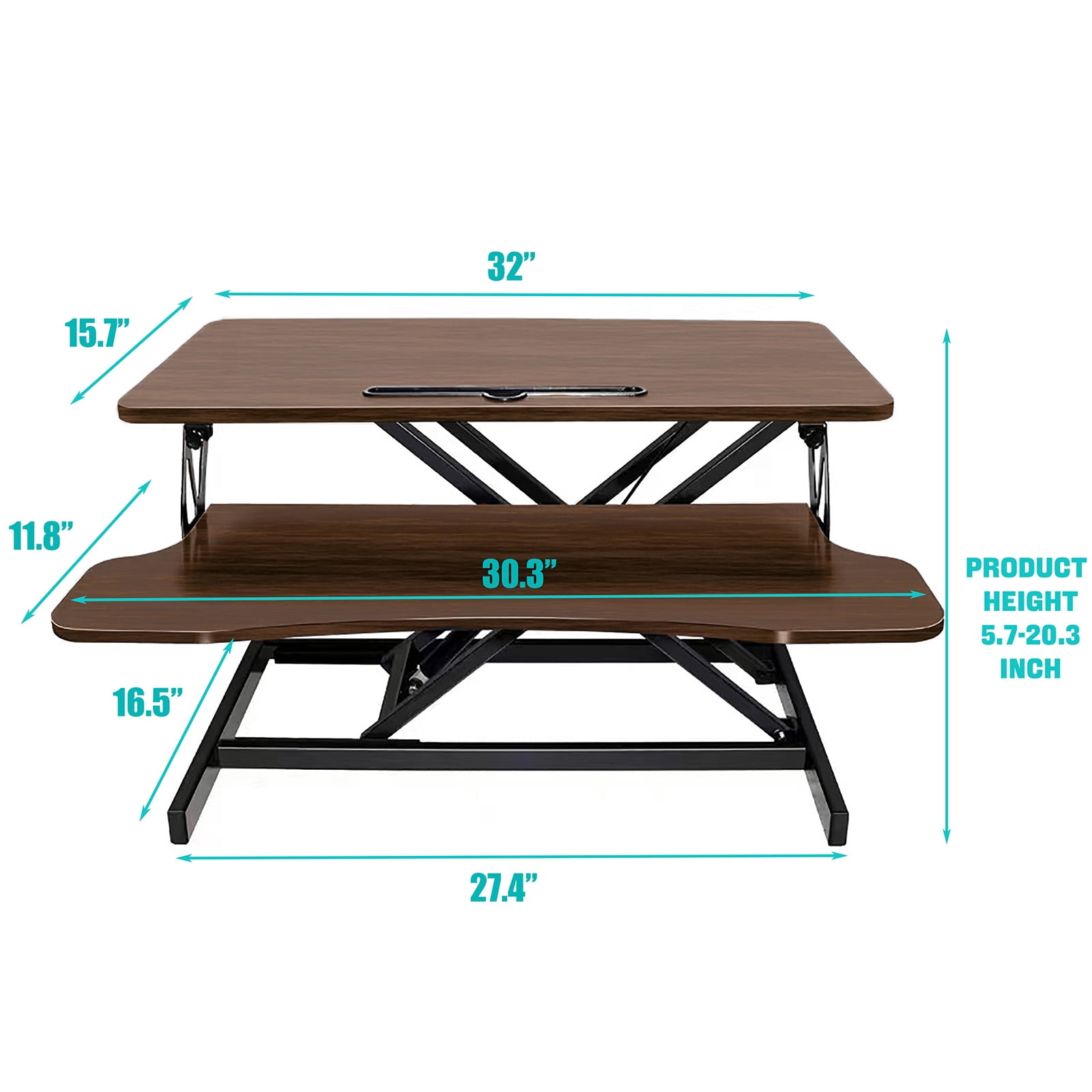 Standing Desk Converter, 32 Inch Standing Desk Adjustable Height for Table Tops and Home Office, Desk Riser Computer Workstation with Wide Keyboard Tray 2-Tier Desktop, Walnut Color