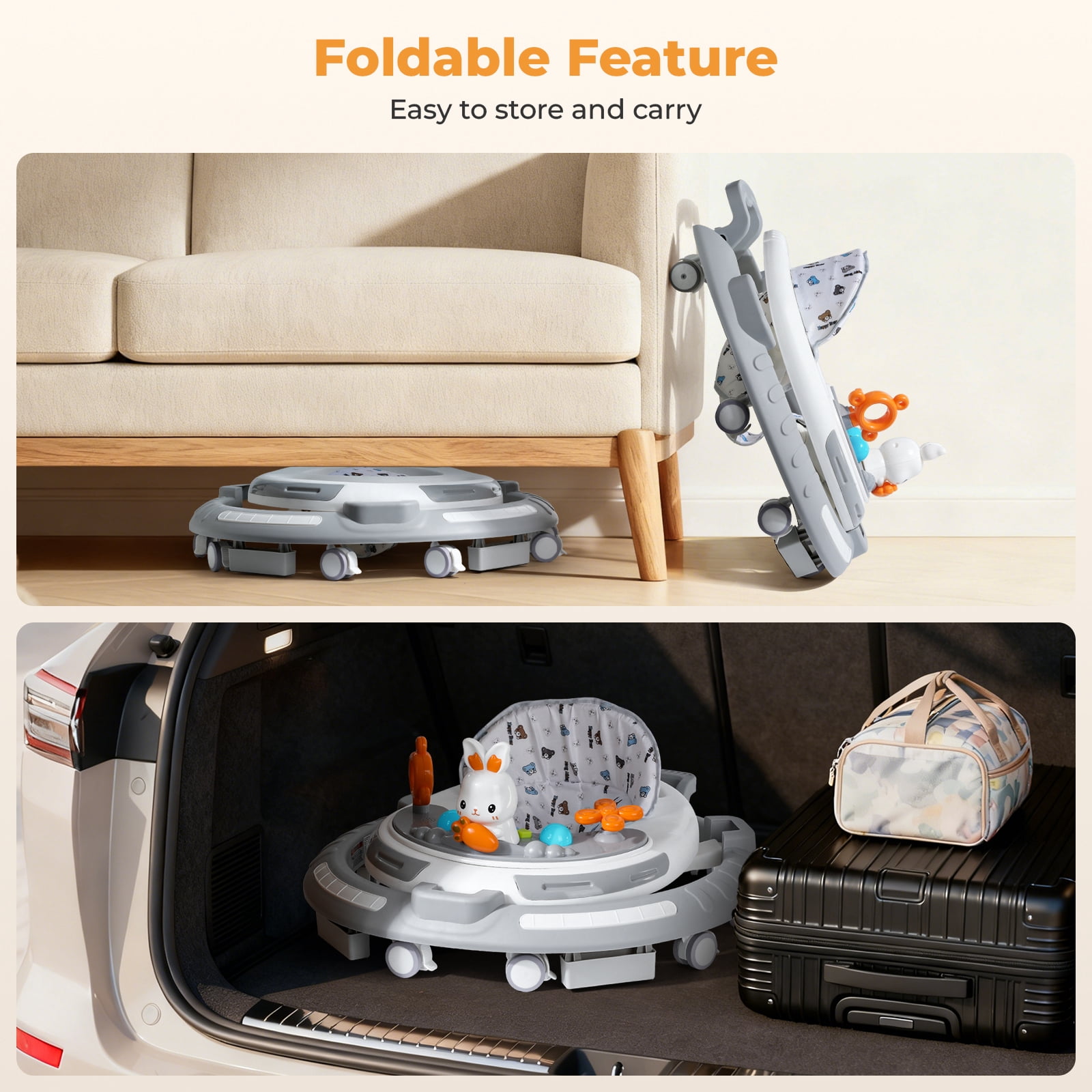 4-in-1 Adjustable Baby Walker & Activity Center, Foldable with 8 Silent Wheels, Removable Toy Tray - Convertible Learning Walker, Dining Chair, Self-Walker for Toddlers 6+ Months