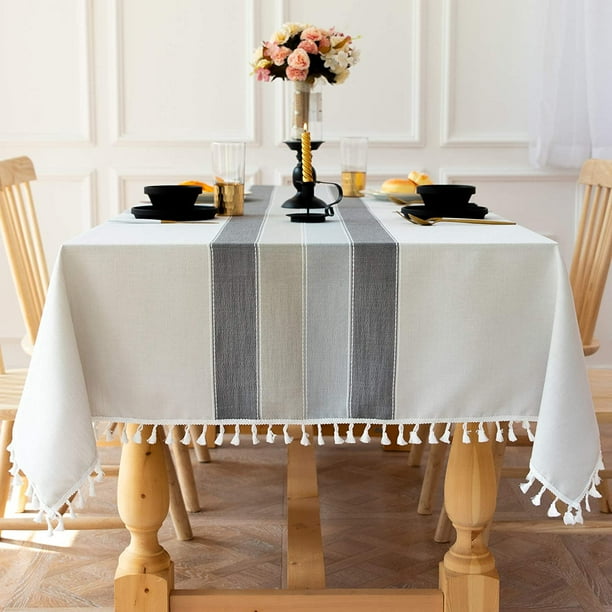 Tablecloth For Dining Table Rustic Farmhouse Kitchen Cloth Coffee Cover Cotton Linen Fabric Small Rectangle Tablecloths 6 To 8 Seats Light Grey Stripes 55x86 Inch Com Tablecloth For Dining Table Rustic, What Size Tablecloth For Table Of 8