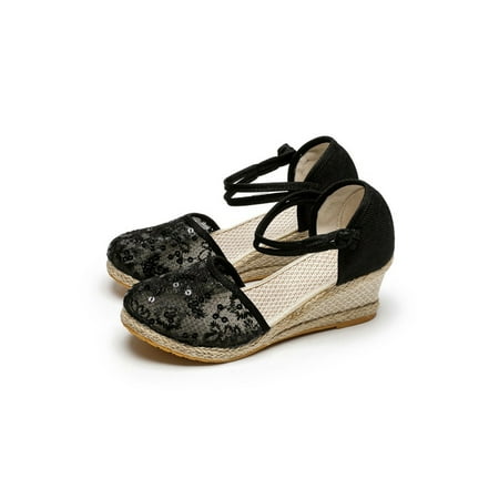 

Ymiytan Ladies Espadrilles Summer Sandals Ankle Strap Platform Sandal Vacation Lightweight Breathable Closed Toe Wedge Shoe Black 5.5