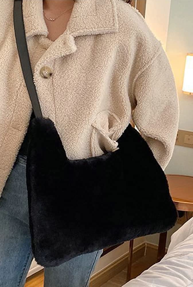 CoCopeaunts Women Fluffy Shoulder Bag Faux Fur Tote Bag Adjustable
