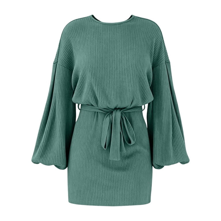Ygbgbb Womens Dresses Long Sleeve Crew Neck Balloon Sleeve Self Tie Waist Ribbed Mini Shift for Casual Dinner City Weekend Plans Army Green L