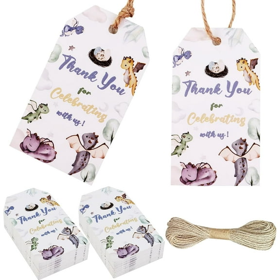 Serencatcher 50pcs Dragon Thank You Tags, Dragon Theme Baby Shower Party Favors Thank You for Celebrating with Us Tags with String for Watercolor Hatching Soon Baby Shower Birthday Party Decorations