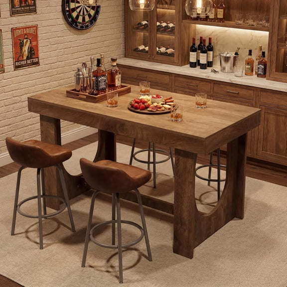 Finmind 62.99" Bar Table, Large Wood Pub Table with Footrest for Kitchen, Dining Room, Brown