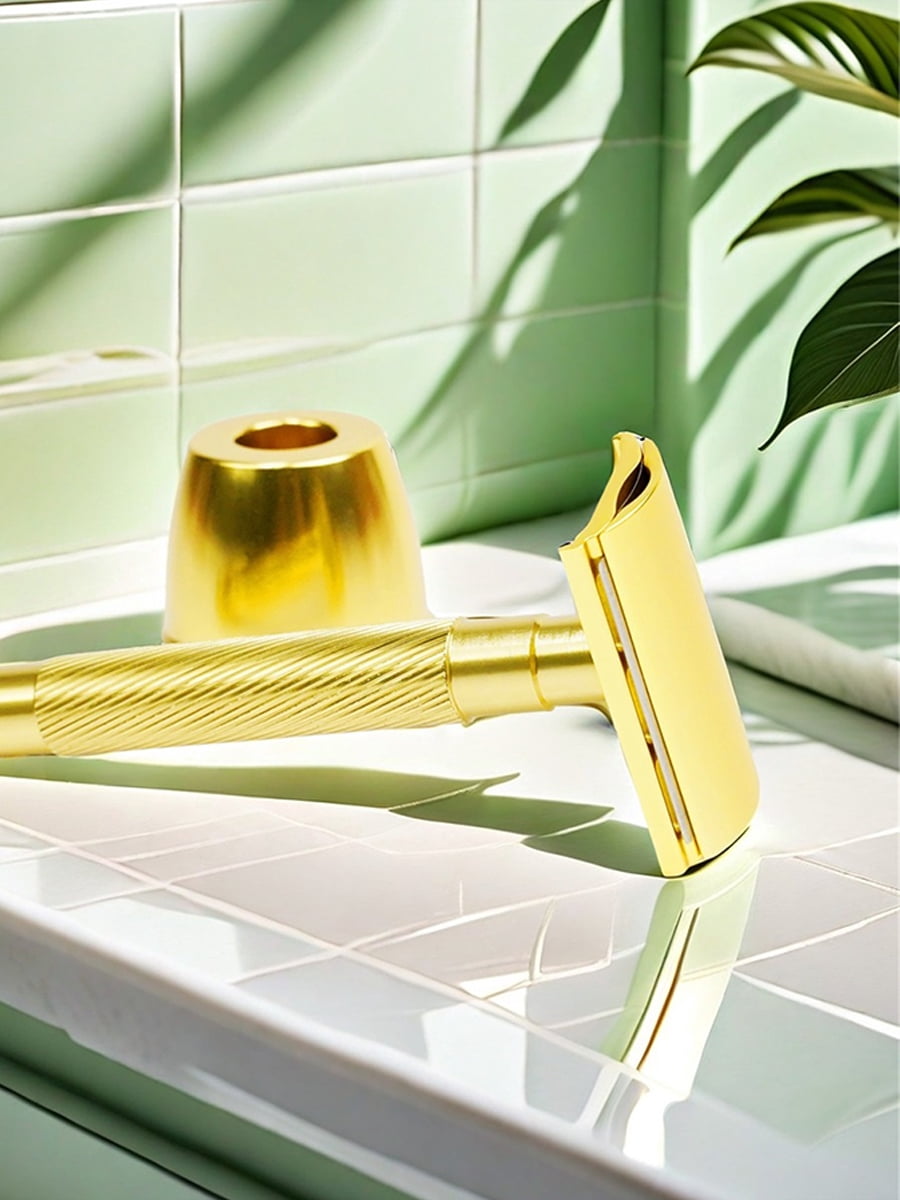 Waysh Safety Razor with Knurled Grip Handle, Complete Double Edge Razor Gift Set with Stand and 20 Blades, Gold