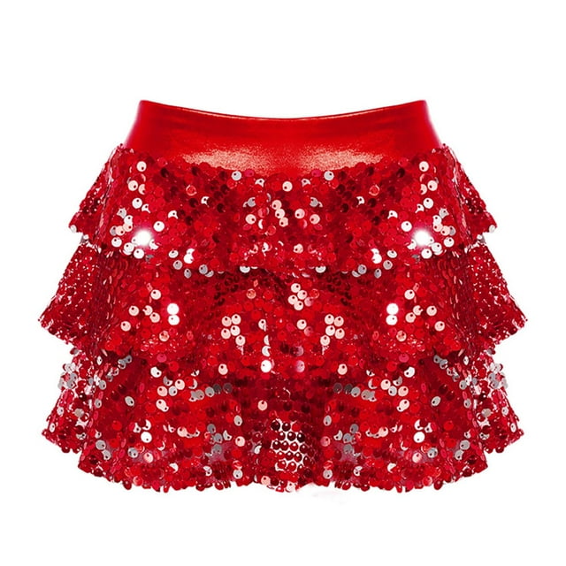 YONGHS Jupe Tutu à Paillettes pour Filles, Jupe de Danse à Volants, Robe de Ballet Rouge 16
