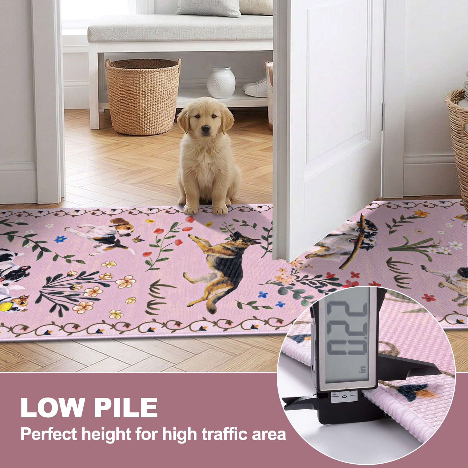 MJIAexp 2'x8' Jute Animal Dog Floral Kitchen Runner Rug,Woven Texture Machine Washable Runner Rug Non-Slip Rubberback Hallway Runner Laundry Rug Throw Carpet for Living Room Bedroom Dining Room Entry