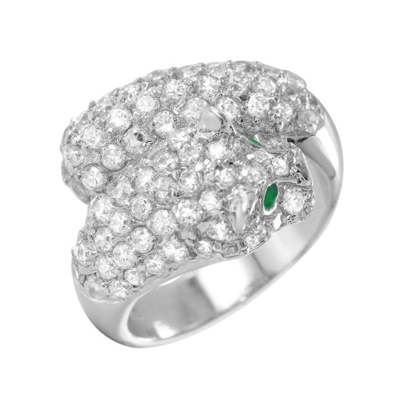 Sterling Silver 925 Rhodium Plated Green Clear Pave Set Jaguar Ring White CZ Female Size 5