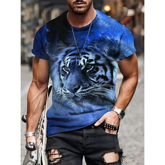 3D Tiger Print, Men's Graphic Design Crew Neck Novel T-Shirt, Summer Casual Comfortable T-Shirt, Men's Clothing Top, Suitable for Daily Vacation Resort Gift for Him; Easter Decoration; Men's Gift