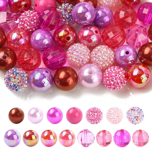 DanLingJewelry 50Pcs Mixed Pink Red 20mm Round Acrylic Resin Rhinestone Disco Ball Chunky Bubblegum Beads for Jewelry Bracelet Necklace