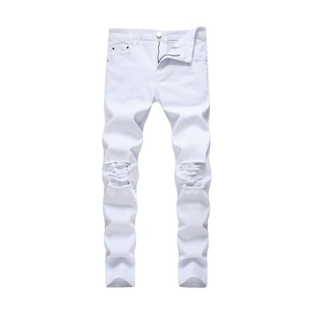 Men Casual Slim Fit Solid Color Jeans Ripped Skinny Destroyed Holes Denim Pants