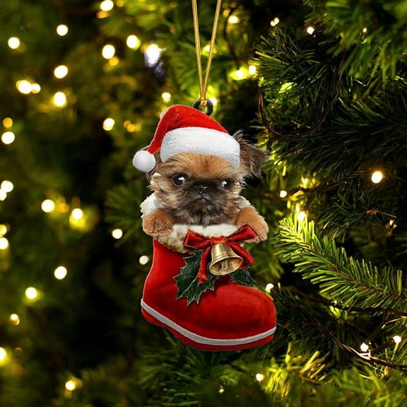 Acrylic 2D FLAT Griffon Brussels In Santa Boot Christmas Hanging Ornament