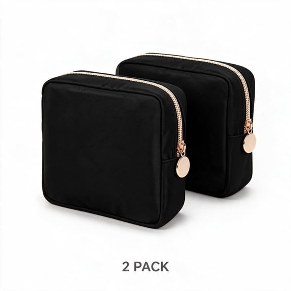 2‑Pack Black Waterproof Nylon Zipper Makeup Pouch, Mini Portable Travel Cosmetic Storage Bag for Toiletries and Beauty Essentials