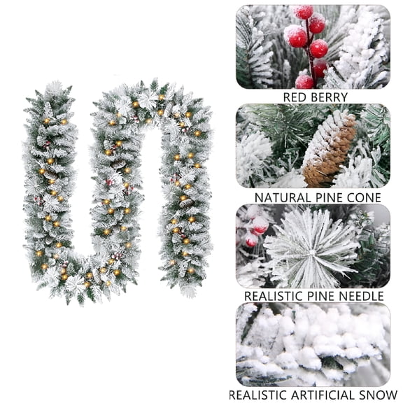 VANIDO 9FT Snow Flocked Christmas Garland christmas party decorations with Lights, Berries Pine Cones, 50 LED Lights,– garland for christmas tree Fireplace Mantel, Stairs, Wall
