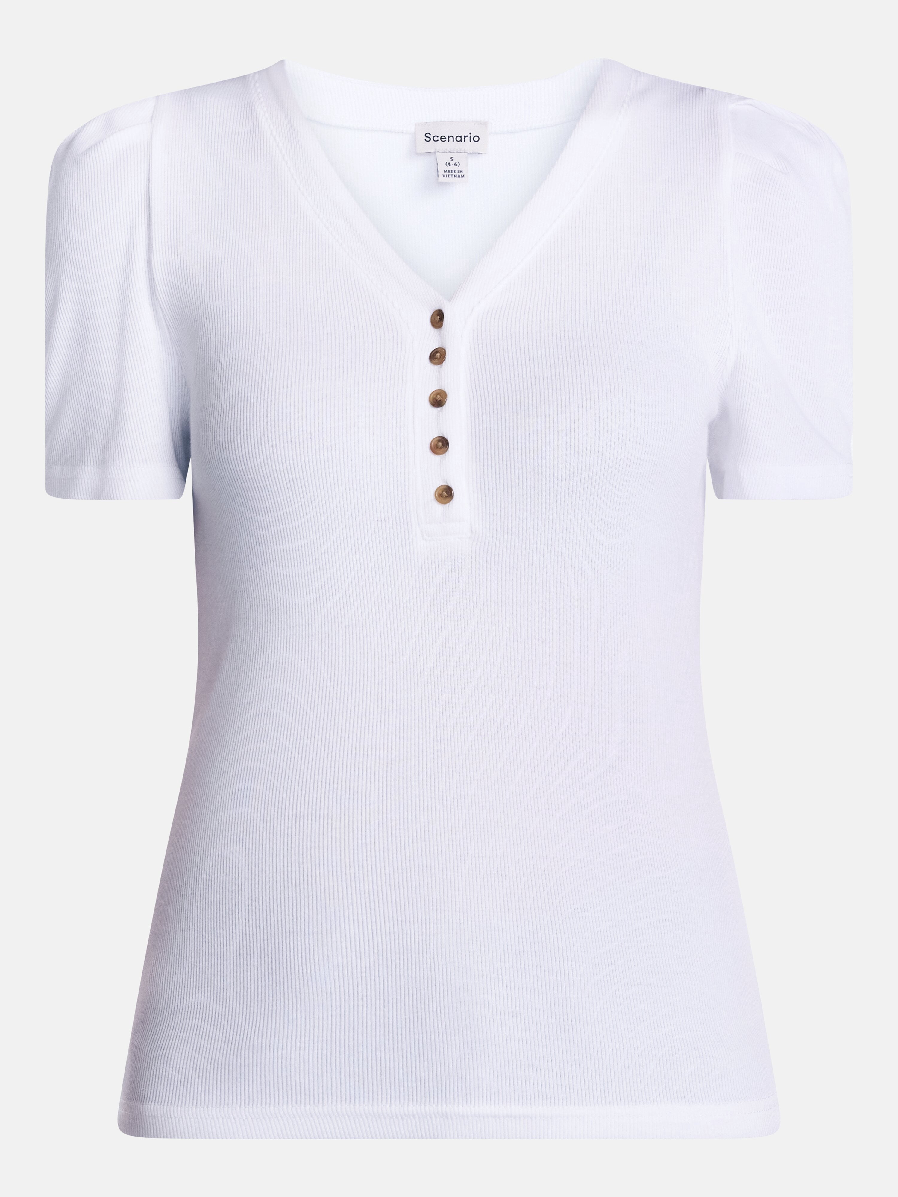 Scenario Women's V-Neck Henley Top with Short Puff Sleeves, Sizes XS-XXXL